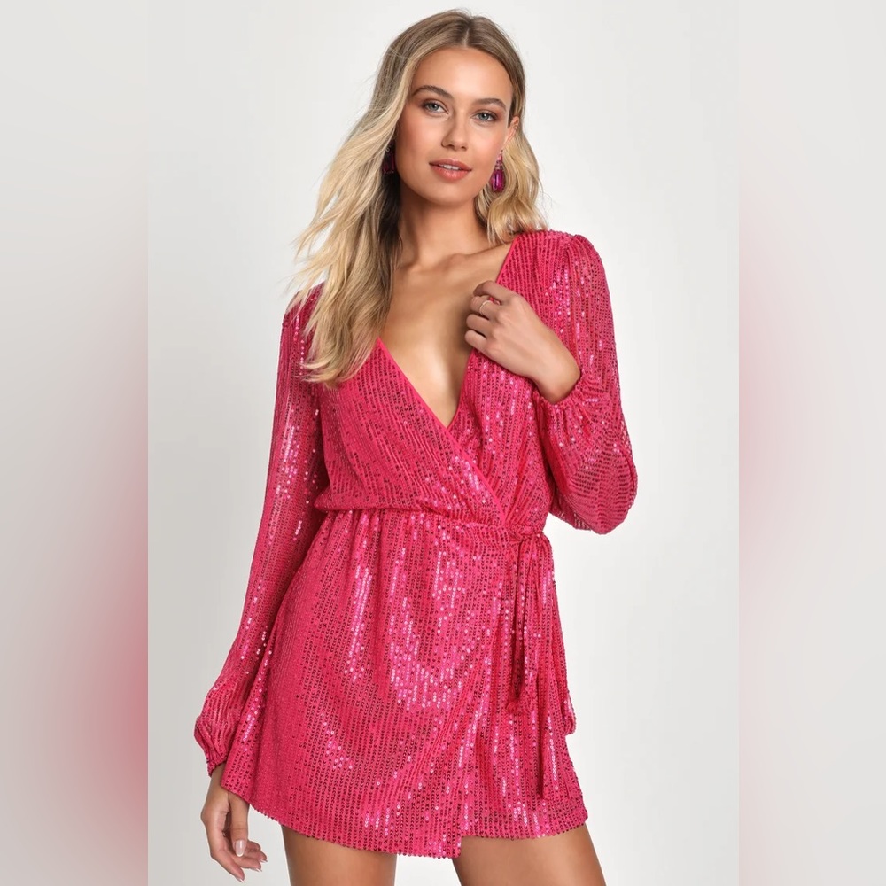 Lulus Glamorous Essence Hot Pink Faux-Wrap Romper